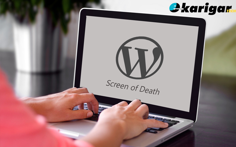 This image shows a person working on a laptop and on his laptop screen "WordPress White Screen of death" is shown.